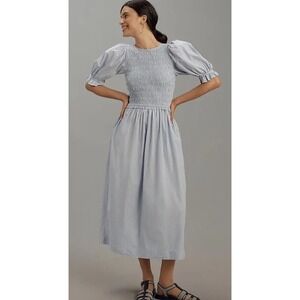 DAMSON MADDER‎ Bluebelle Midi Dress Women's Size 10 Blue Motif Smocked Pockets